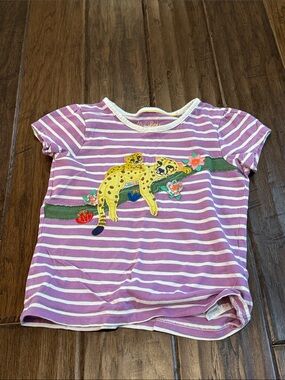 Mini Boden Purple & White Striped Tee with Leopard Appliqué